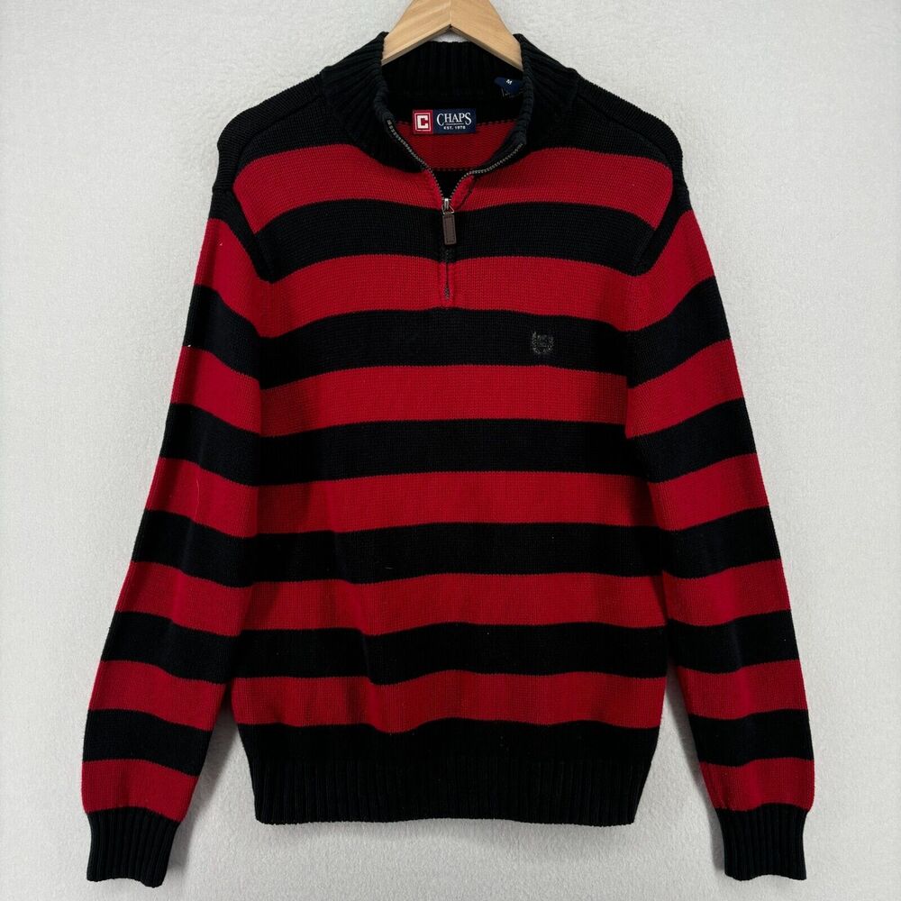 CHAPS Sweater Mens M Striped 1/4 Zip Mock Neck Long Sleeve Pullover Cotton Red